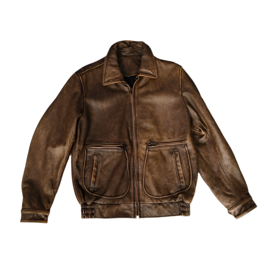 Vintage Brown Leather Bomber Flight Jacket – Utility Pocket Detailing