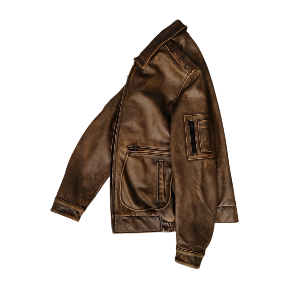 Vintage Brown Leather Bomber Flight Jacket – Utility Pocket Detailing