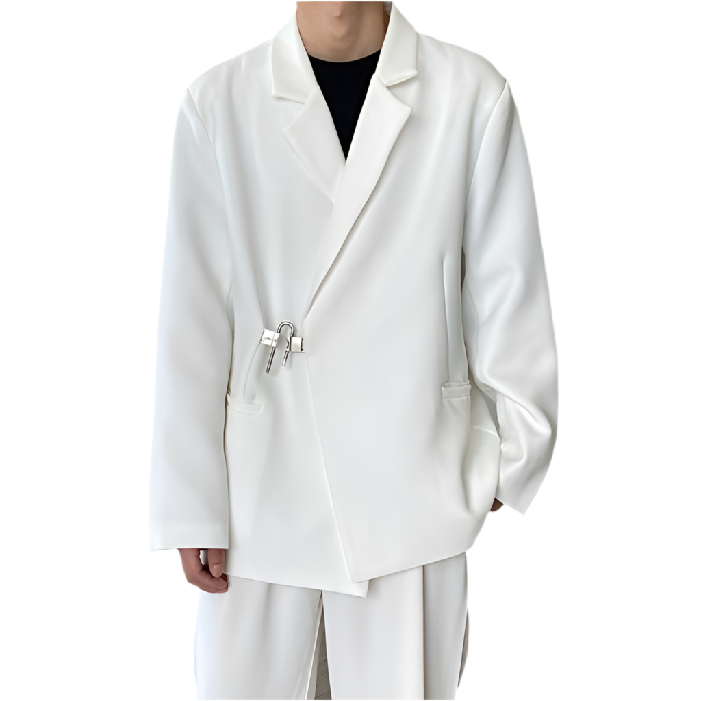 Avant-Garde Asymmetrical White Blazer with Lock Detail