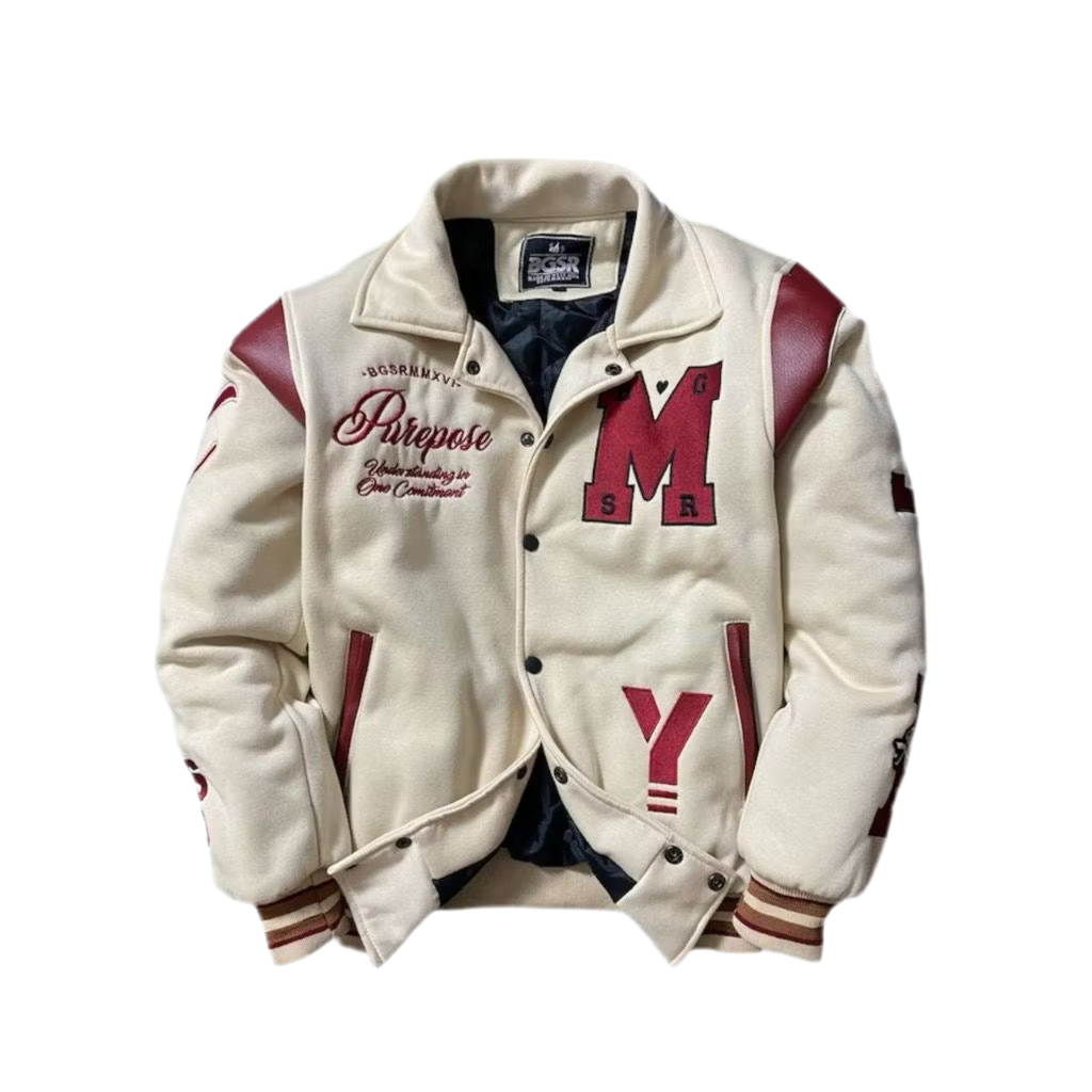 MY White and Maroon Varsity Bomber Jacket