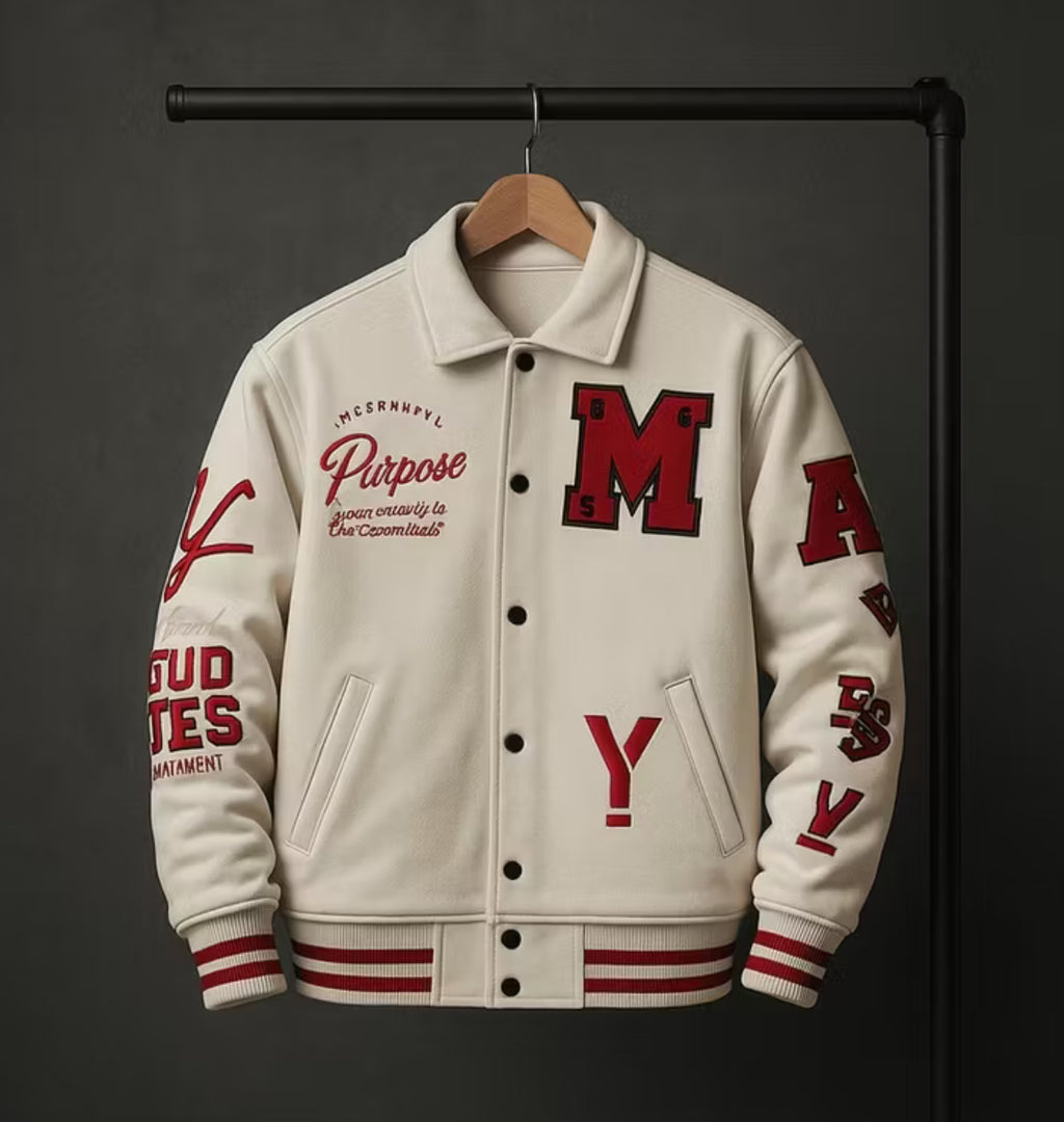 MY White and Maroon Varsity Bomber Jacket