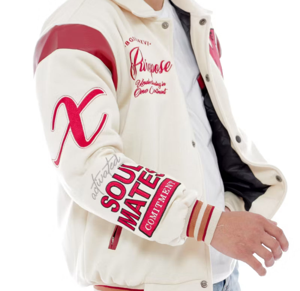 MY White and Maroon Varsity Bomber Jacket