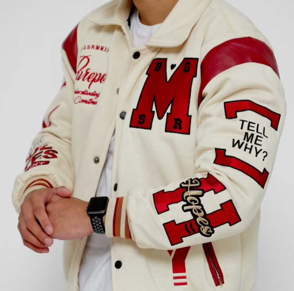 MY White and Maroon Varsity Bomber Jacket