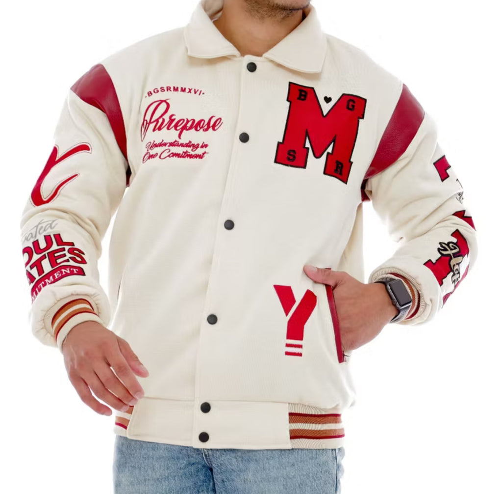MY White and Maroon Varsity Bomber Jacket