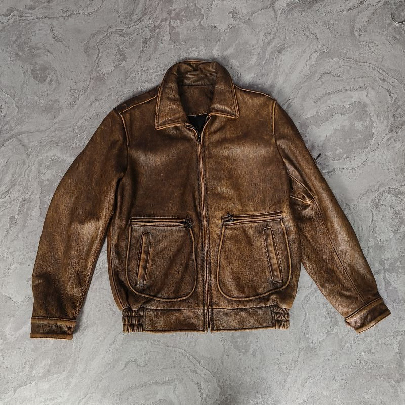 Vintage Brown Leather Bomber Flight Jacket – Utility Pocket Detailing