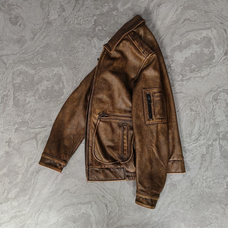 Vintage Brown Leather Bomber Flight Jacket – Utility Pocket Detailing