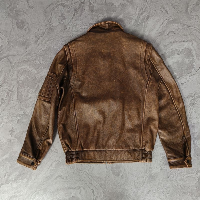 Vintage Brown Leather Bomber Flight Jacket – Utility Pocket Detailing