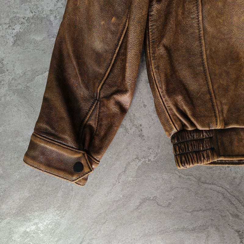 Vintage Brown Leather Bomber Flight Jacket – Utility Pocket Detailing