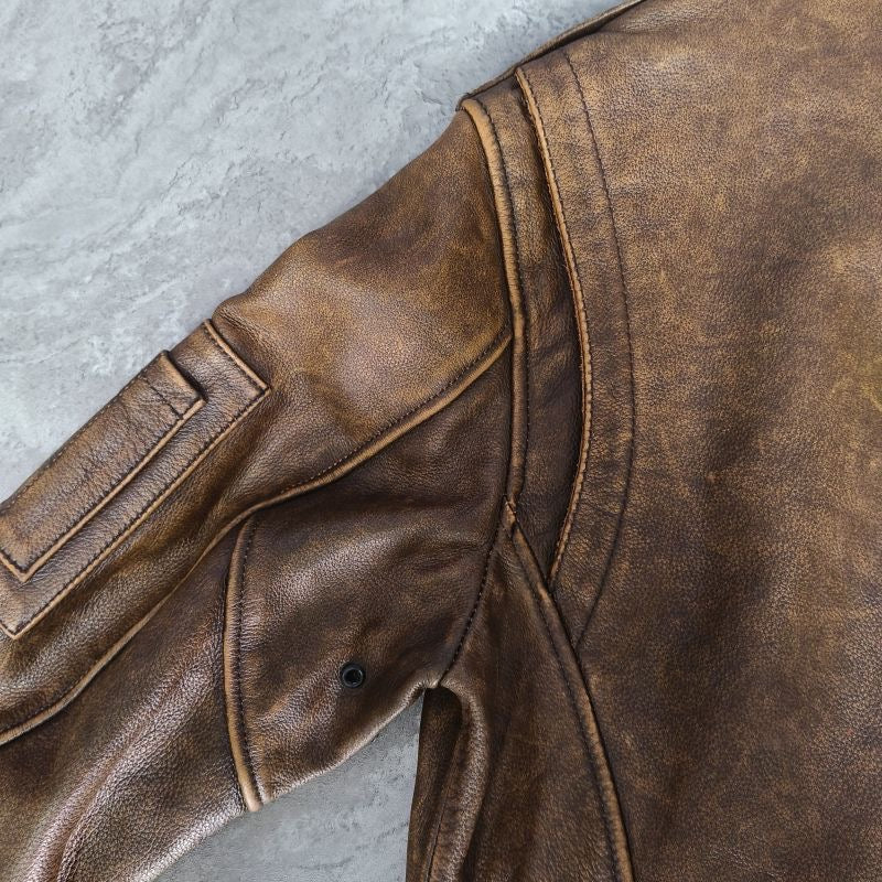 Vintage Brown Leather Bomber Flight Jacket – Utility Pocket Detailing