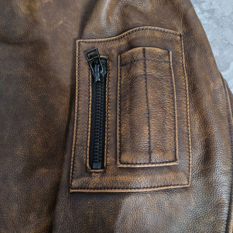 Vintage Brown Leather Bomber Flight Jacket – Utility Pocket Detailing