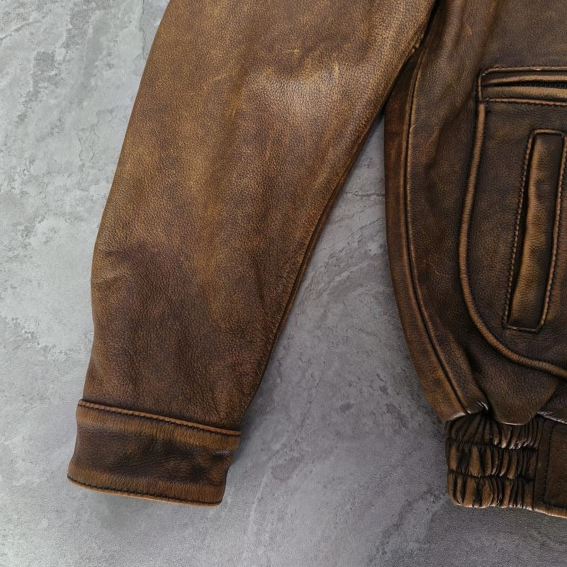 Vintage Brown Leather Bomber Flight Jacket – Utility Pocket Detailing