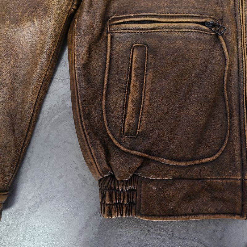 Vintage Brown Leather Bomber Flight Jacket – Utility Pocket Detailing