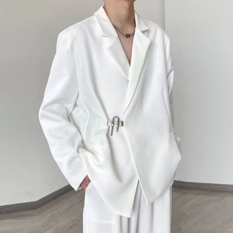 Avant-Garde Asymmetrical White Blazer with Lock Detail