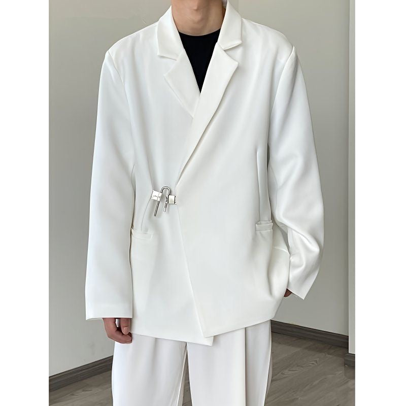 Avant-Garde Asymmetrical White Blazer with Lock Detail